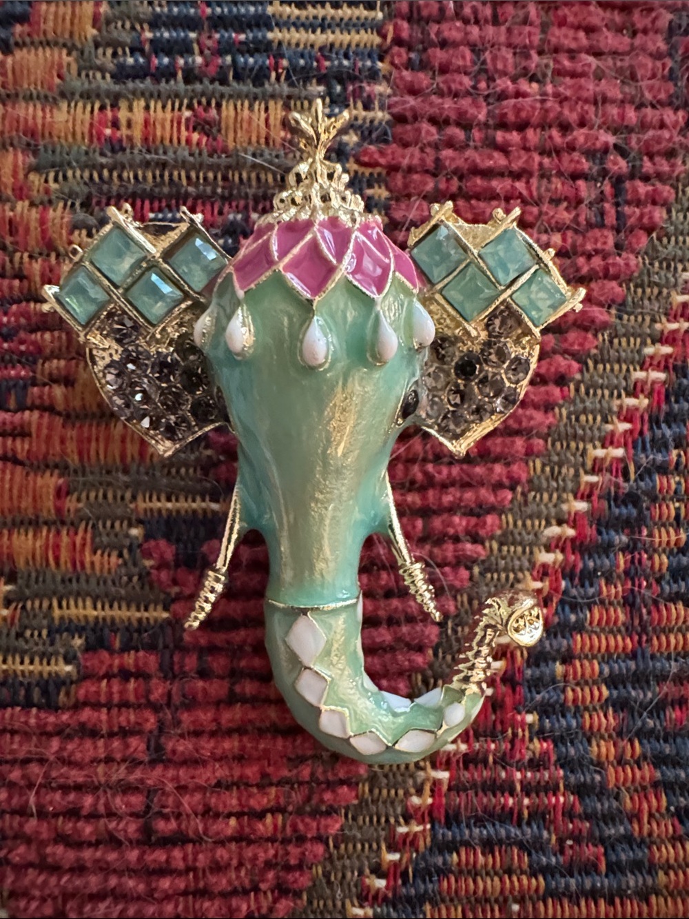 NWOT Gold-Tone Mint Green Elephant Brooch with Pink Accents
